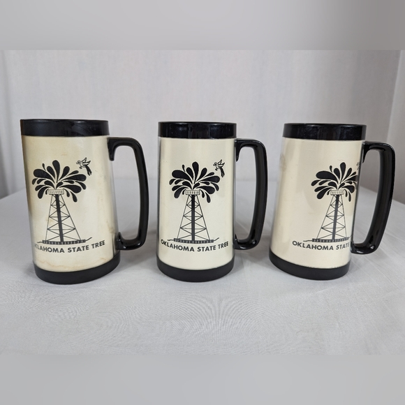 Thermo Serv Vintage Mug Cup Oklahoma State Tree Oil Rig Made in USA - Set of 3 - Picture 2 of 15
